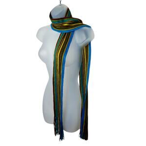 Vintage Y2K Striped Thin Scarf Knit Fringe Rainbow Colorful Long Metallic